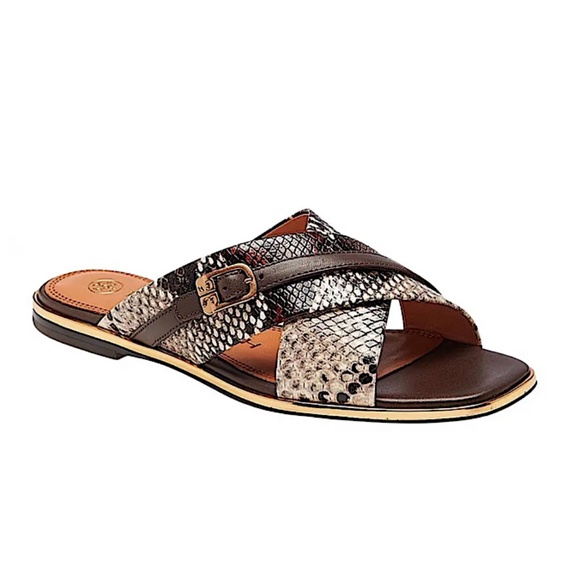 Tory Burch Delaney Snakeskin-Embossed Leather Slide Sandals